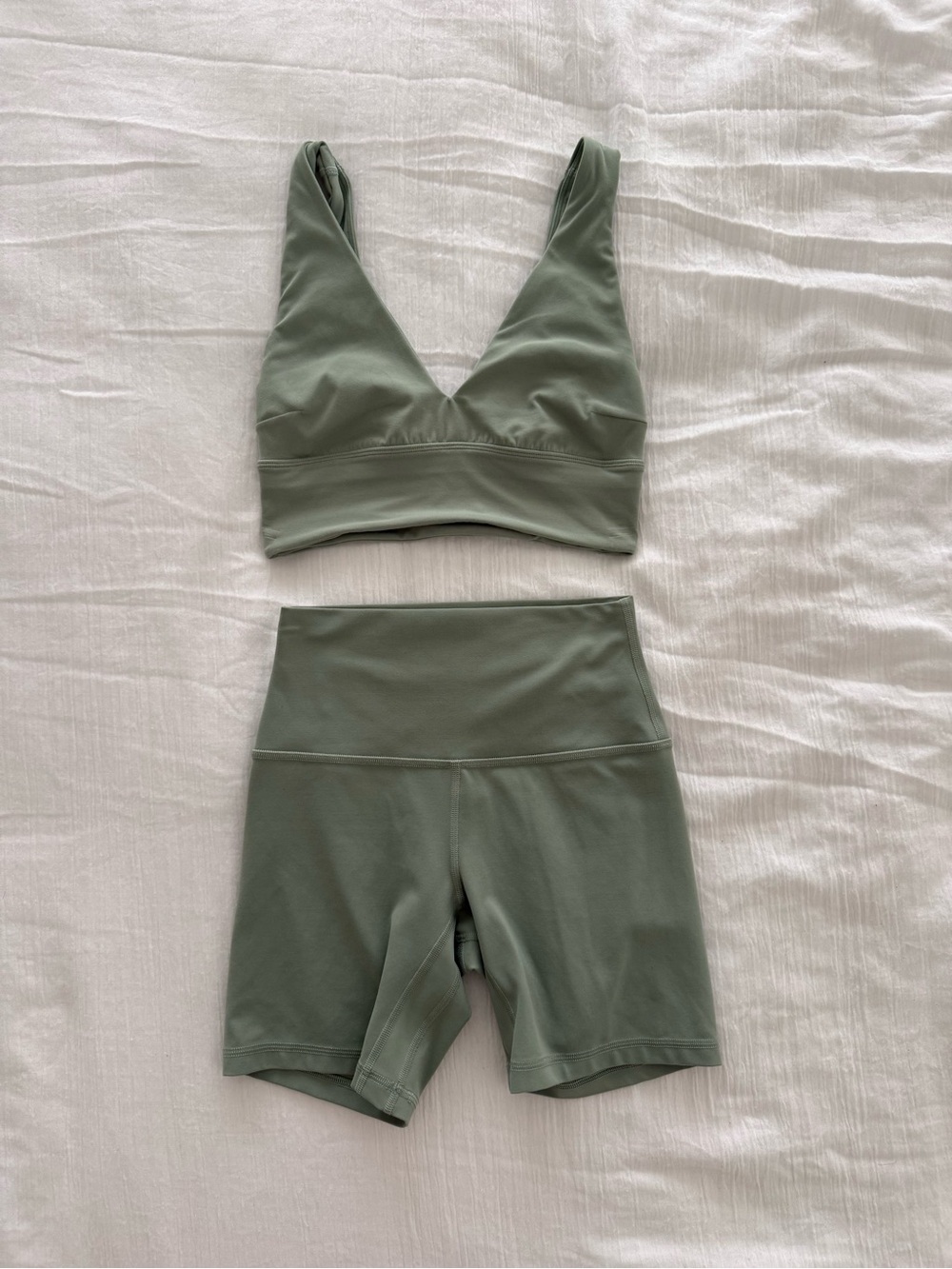 Lululemon Light Green V-Neck Sports Bralette and High-Waist Biker Shorts Set